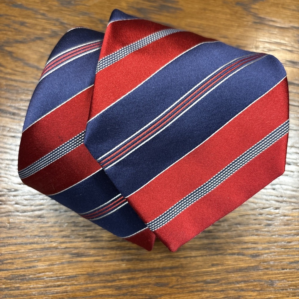 $495 BRIONI Navy Blue Wine Red White Satin Stripes Handmade Italy Silk Neck Tie
